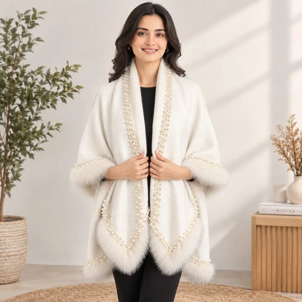 Pearl-Beaded Faux Fur Trimmed Ivory Cashmere-Feel Cape Shawl