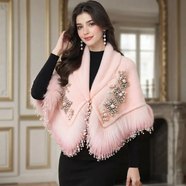 Beaded Embellished Faux Fur Trimmed Blush Pink Cape Shawl