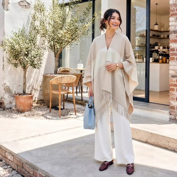 The Cashmere Neutral Colorblock Fringe Shawl