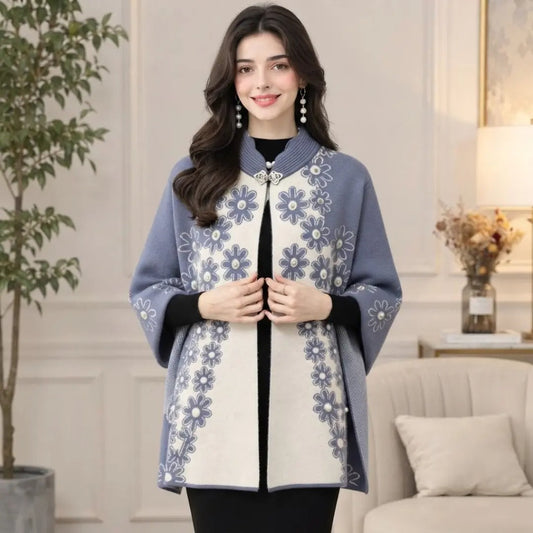 Blue & Cream Floral Jacquard Cashmere-Feel Cape Coat