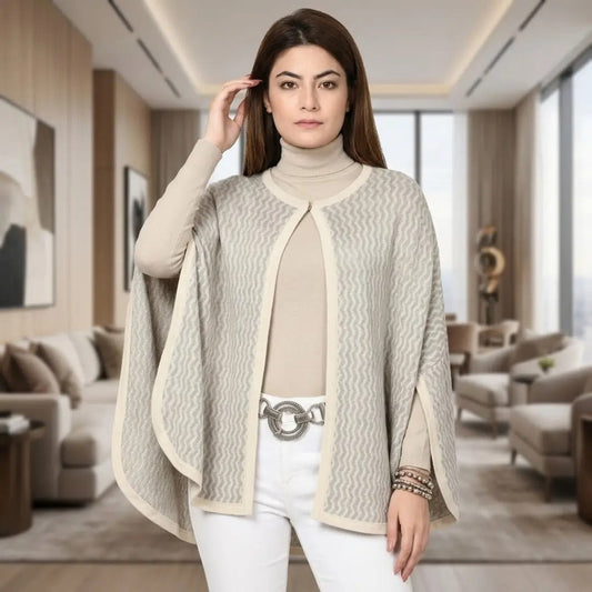 Chevron Pattern Neutral Cashmere-Feel Cape Shawl