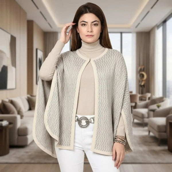 Chevron Pattern Neutral Cashmere-Feel Cape Shawl