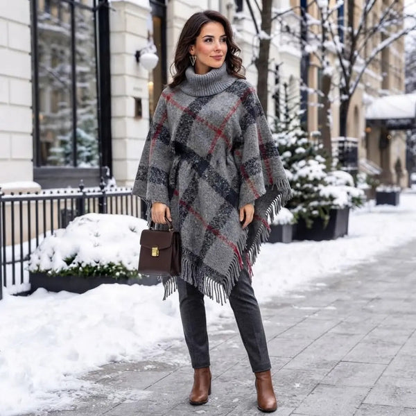 Urban Plaid Turtleneck Poncho Shawl