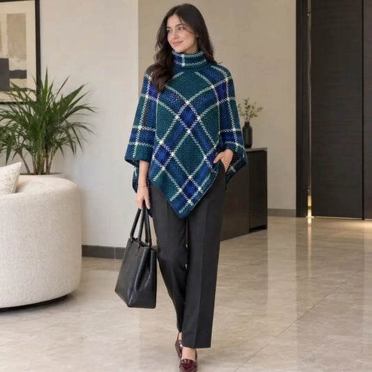Royal Plaid Turtleneck Poncho Shawl