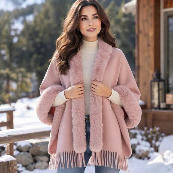 Blush Pink Fringed Shawl with Faux-Fur Trim