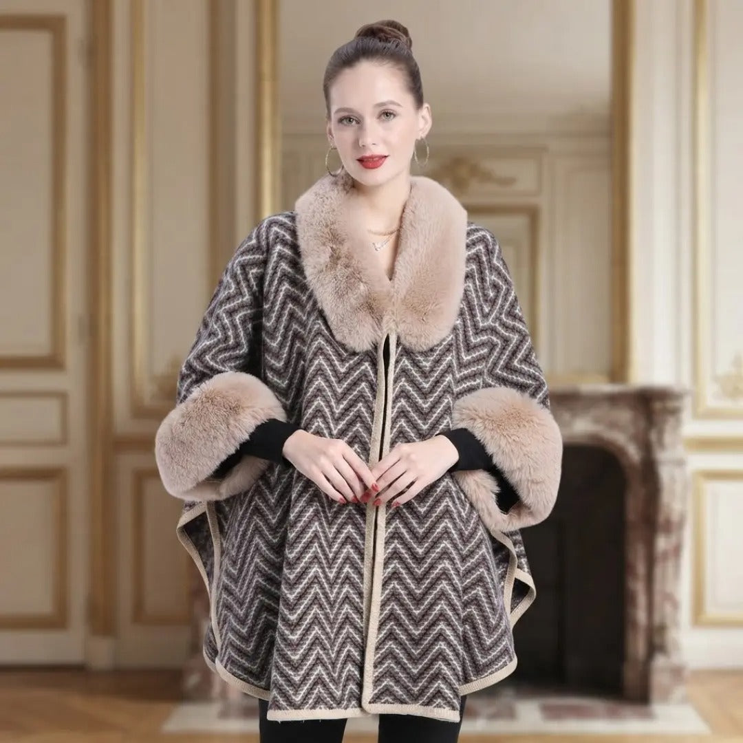 Chevron Pattern Faux Fur Trimmed Cashmere-Feel Cape Shawl