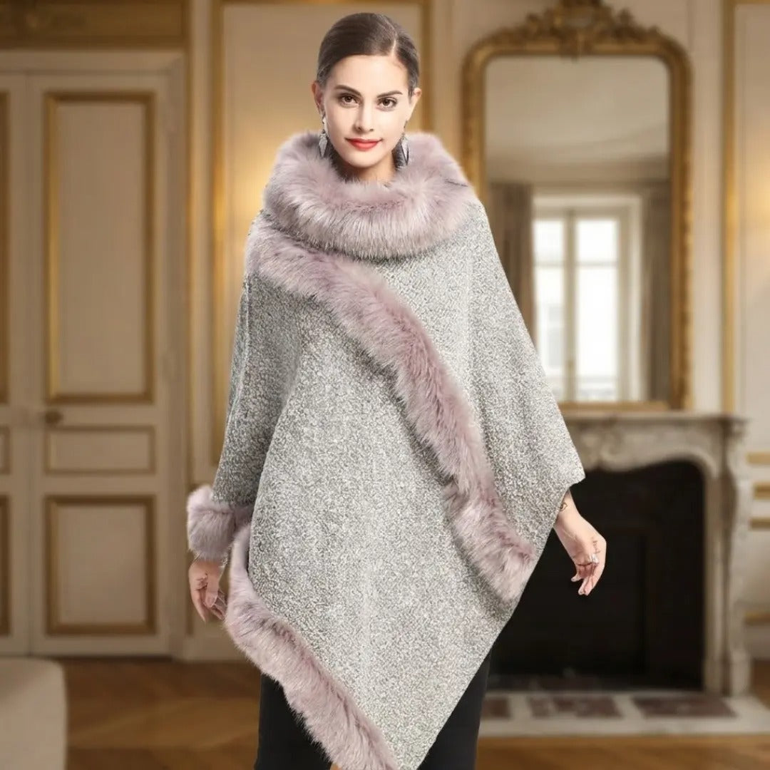 Asymmetric Grey Faux Fur Trimmed Poncho Shawl