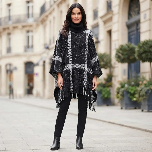 Midnight Plaid Turtleneck Poncho Shawl