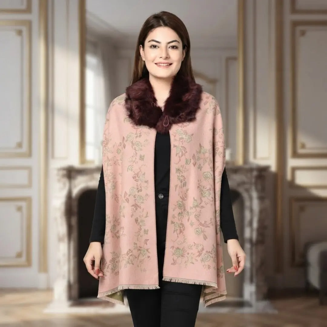 Floral Jacquard Fringe Hem Blush Pink Shawl with Burgundy Faux Fur Collar