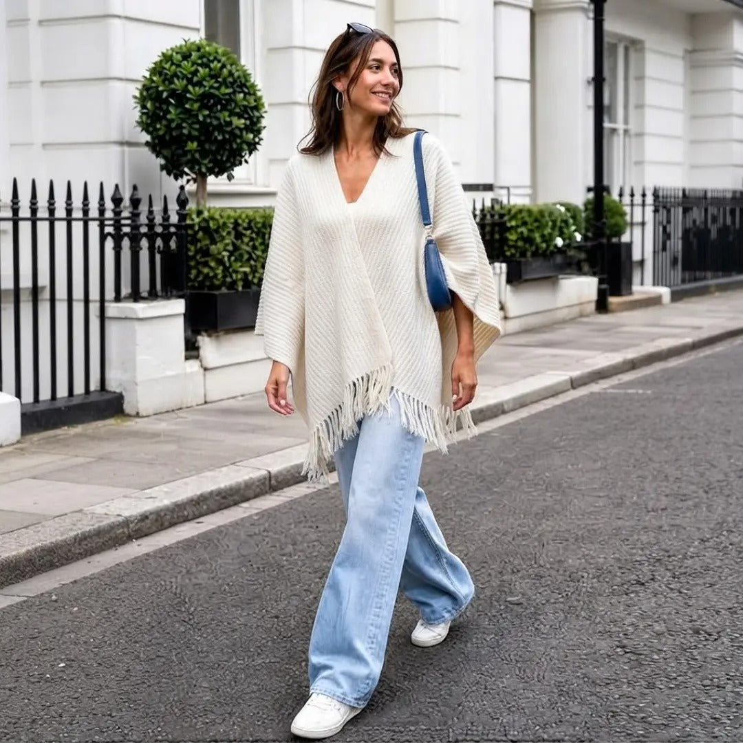 The Ivory Ribbed Fringe Poncho Shawl