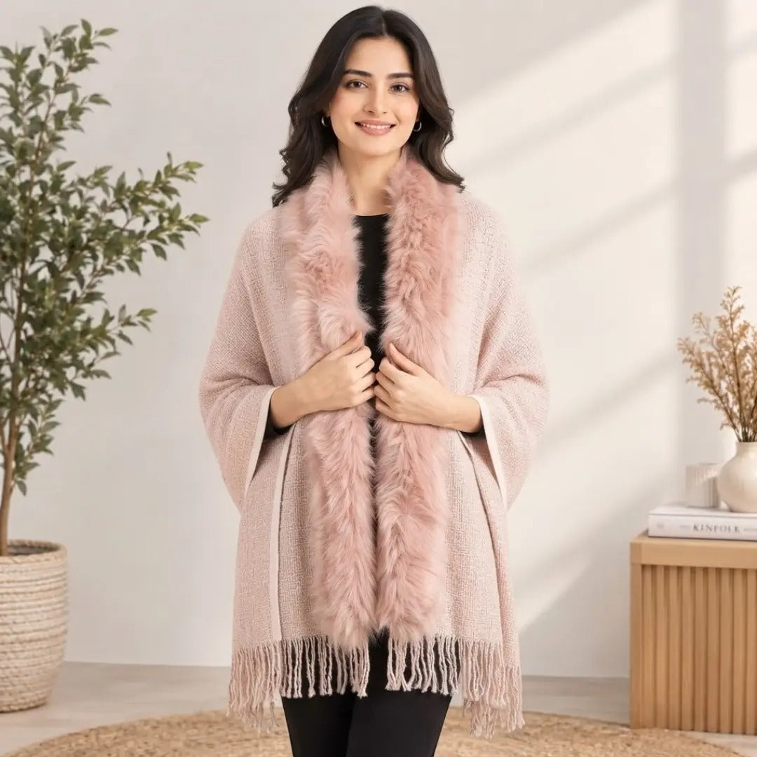 Blush Pink Faux Fur Trim & Fringe Cashmere-Feel Shawl