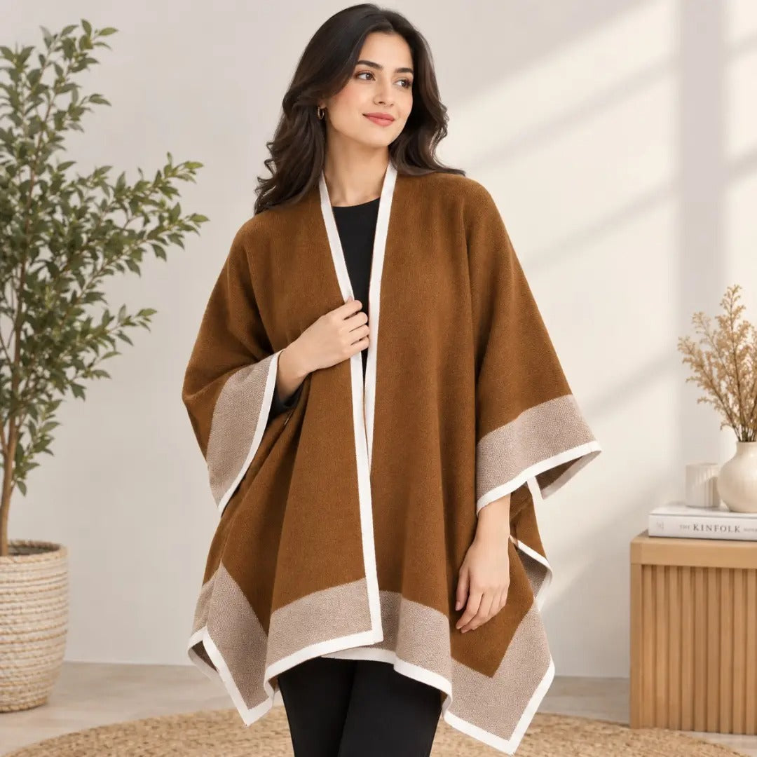 Contrast Trimmed Caramel & Taupe Open-Front Cape Shawl