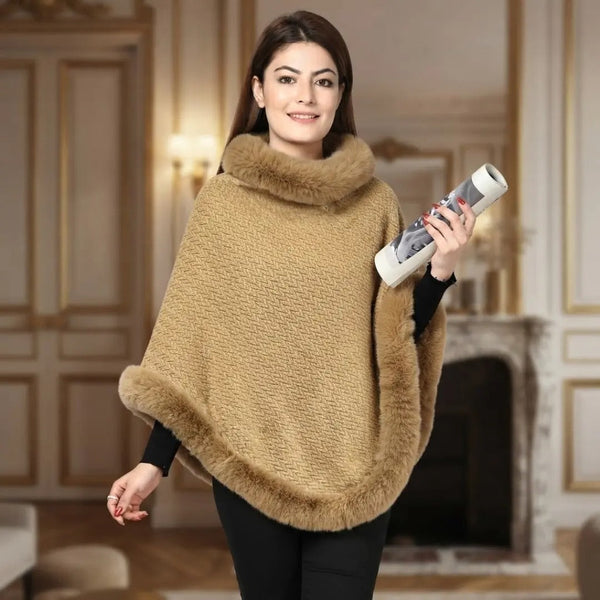 Camel Faux Fur Trimmed Turtleneck Poncho Shawl