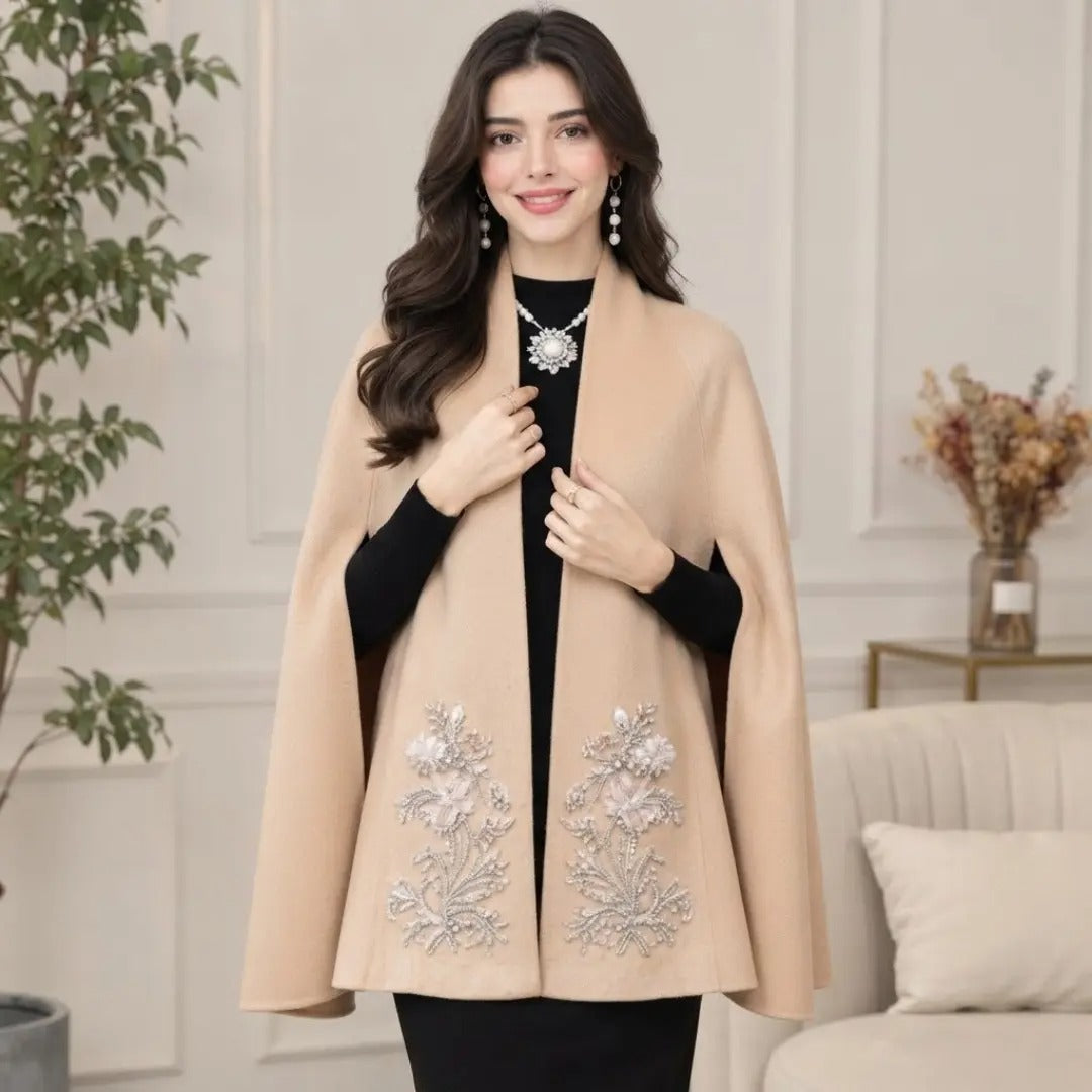 Beaded Floral Embroidered Camel Cashmere-Feel Cape Coat