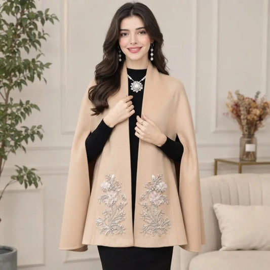 Beaded Floral Embroidered Camel Cashmere-Feel Cape Coat