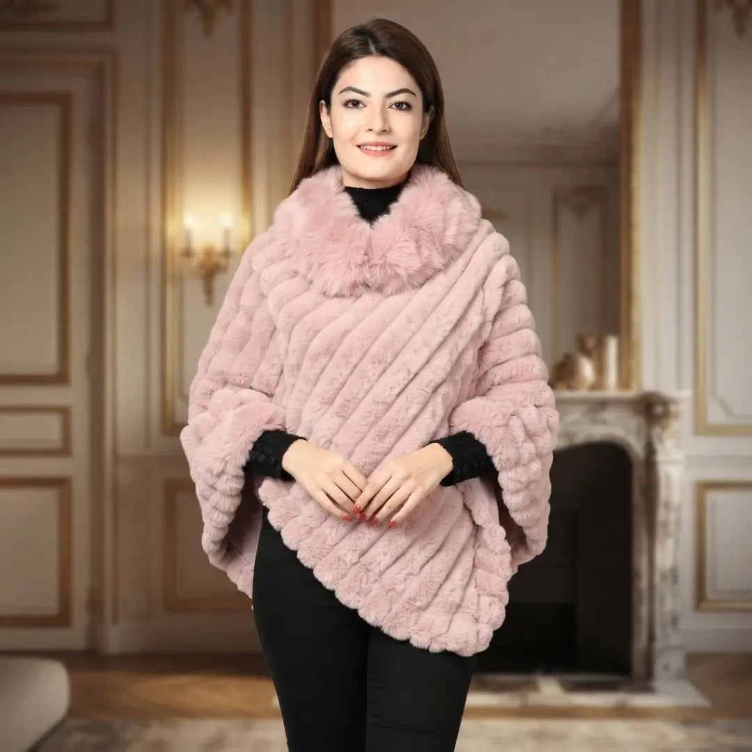 Ribbed Faux Fur Turtleneck Blush Pink Poncho Shawl
