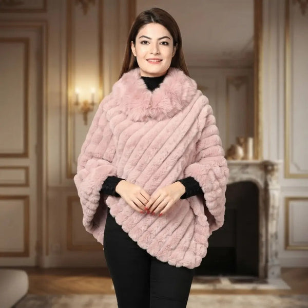 Ribbed Faux Fur Turtleneck Blush Pink Poncho Shawl