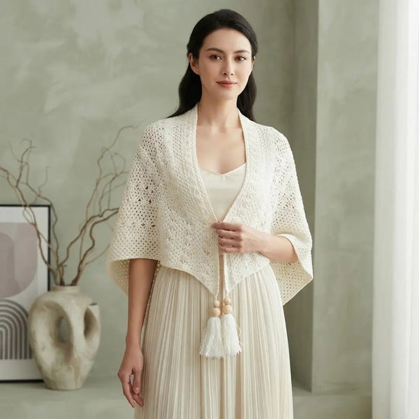 Ivory Laced Crochet Shawl with Tassels