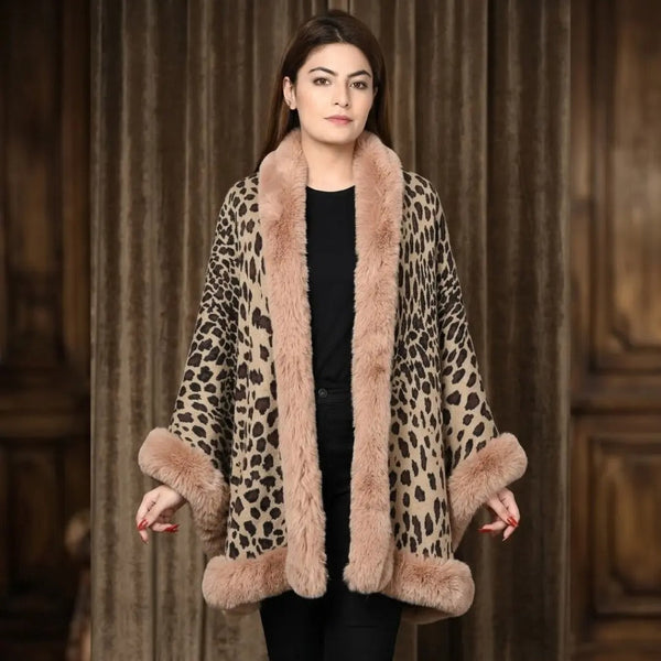Leopard Print Faux Fur Trimmed Cashmere-Feel Cape Shawl