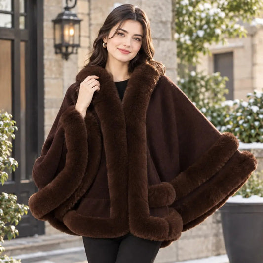 Luxury Faux Fur Trimmed Cashmere-Feel Cape Shawl