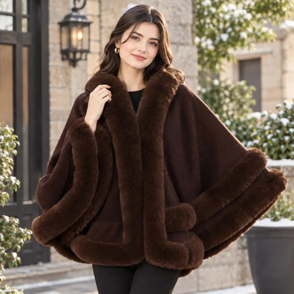 Luxury Faux Fur Trimmed Cashmere-Feel Cape Shawl