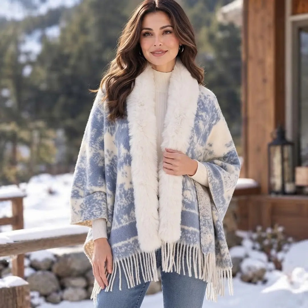 Alpine Blue & White Fringed Shawl with Fur Collar