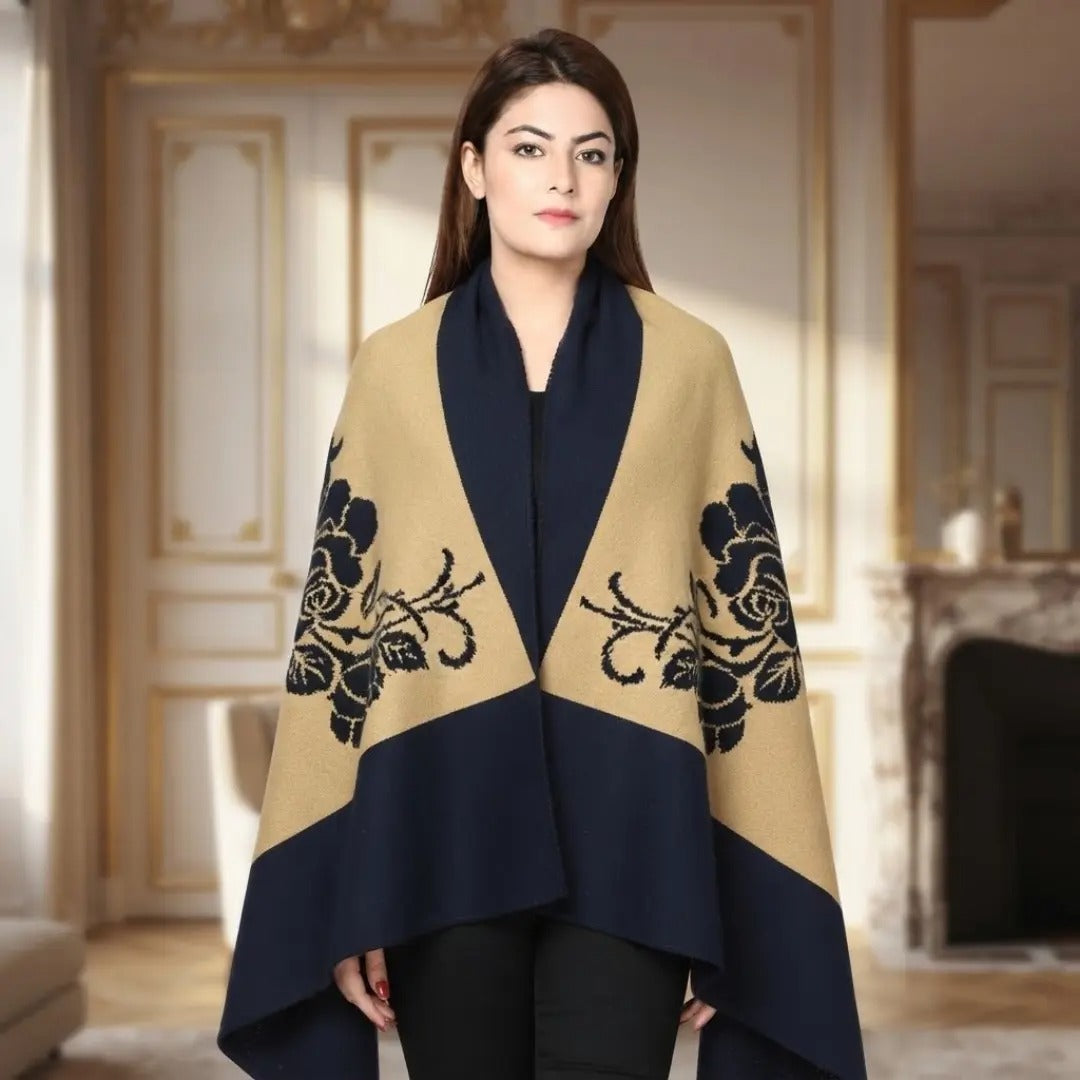 Navy & Camel Floral Jacquard Cashmere-Feel Shawl