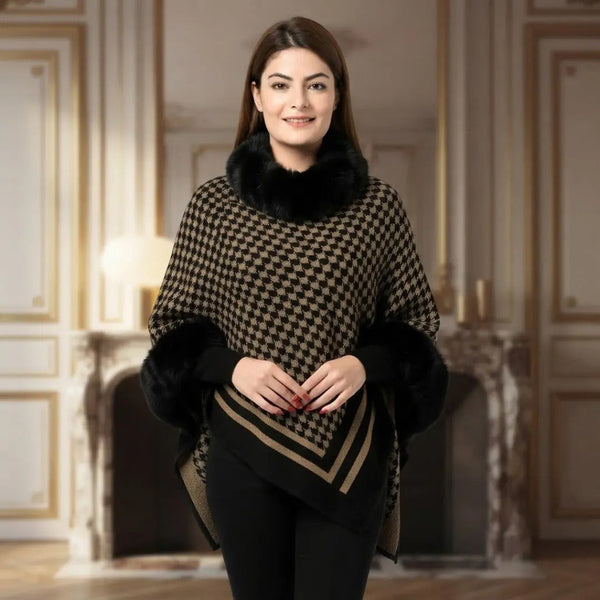 Houndstooth & Stripe Faux Fur Trimmed Poncho Shawl